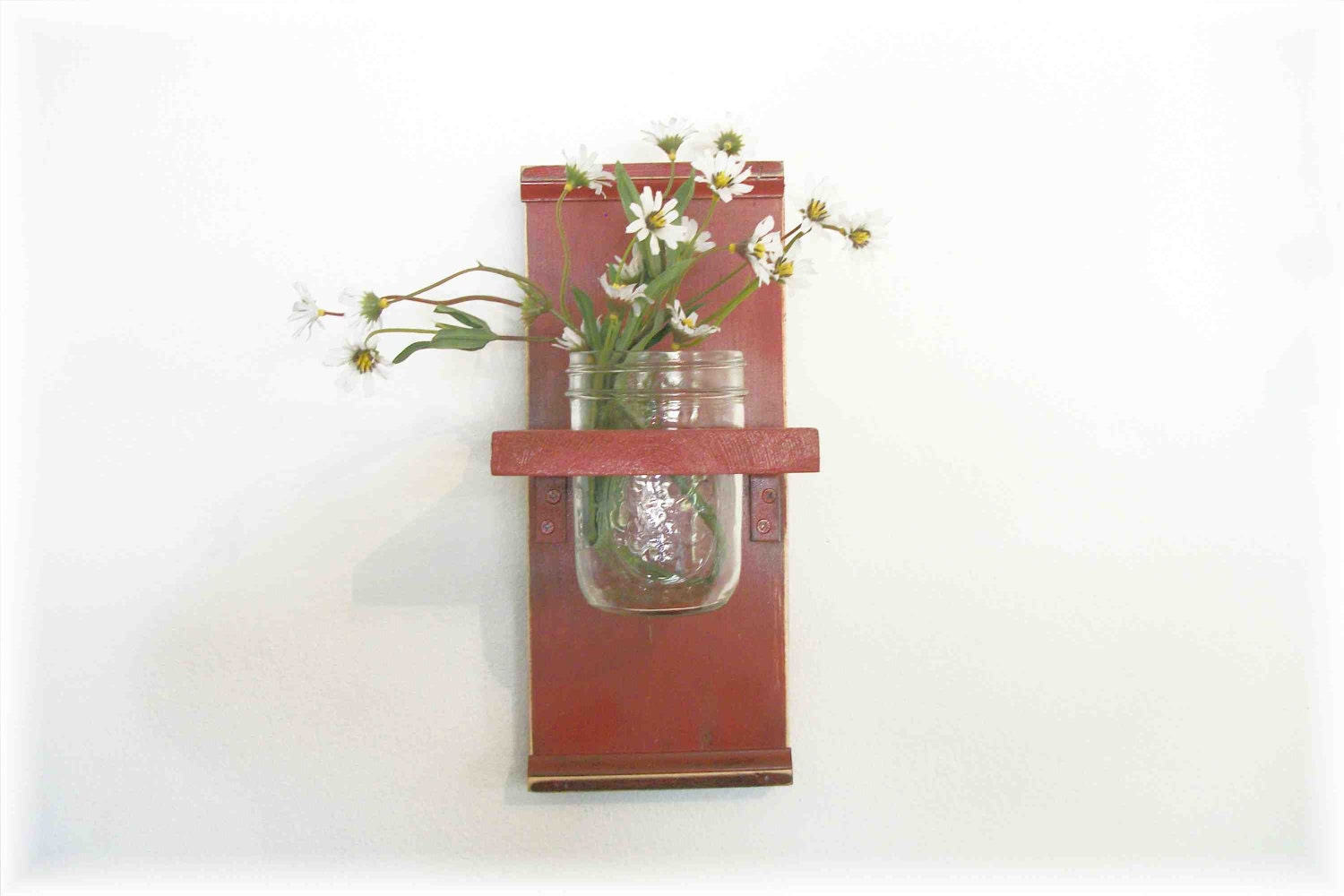 Spring Flowers Primitive Wood Wall Shelf  Primitive Faded Barn Red Color  Shabby Chic Cottage