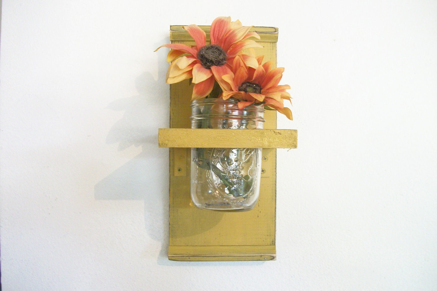 Spring Flowers Wood Wall Shelf  Primitive Cornflower Pumpkin Mustard Yellow Color  Cottage