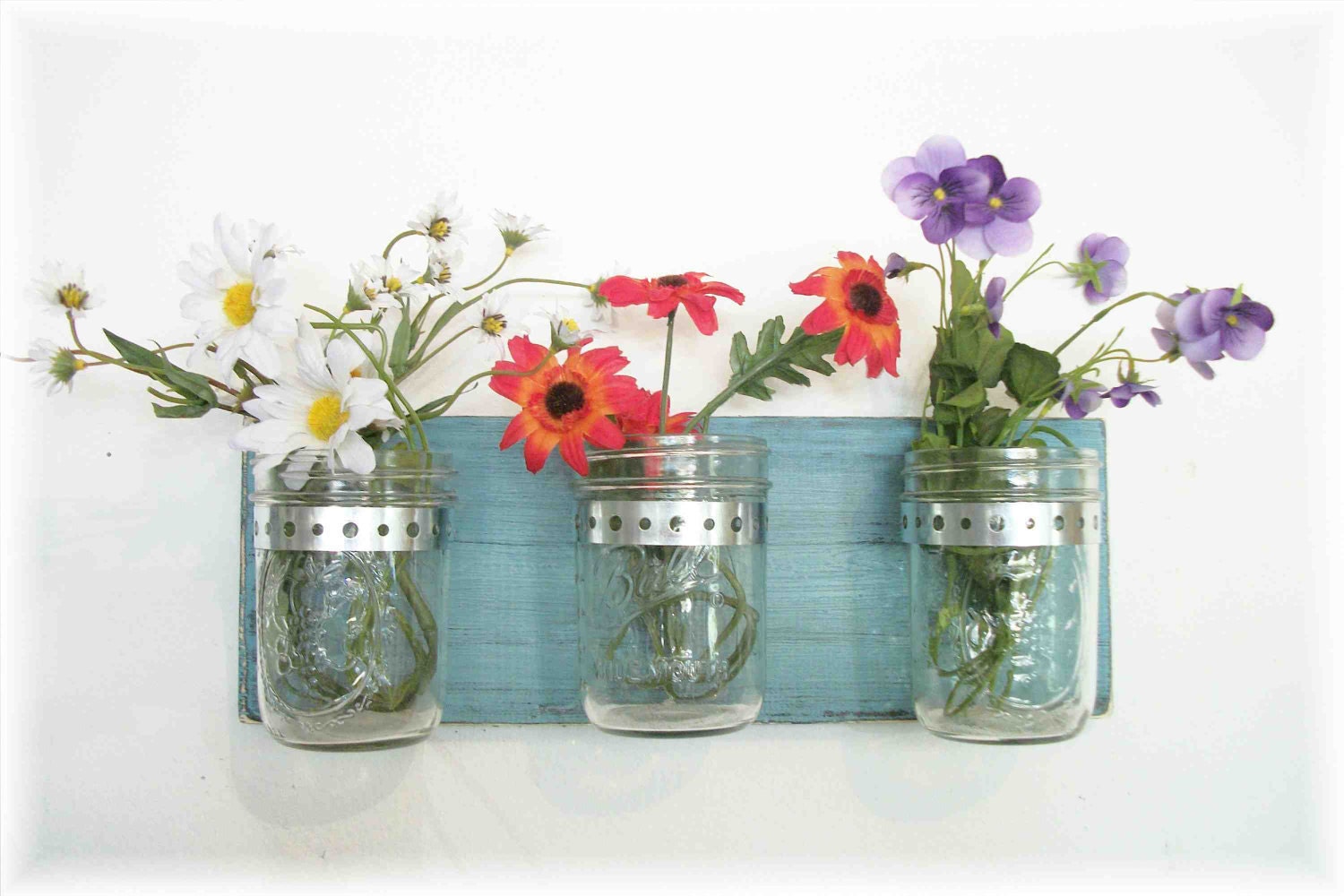 Spring Flowers Flowers, Flowers & Flowers. Mason Jars, Robin Eggs Blue Cottage Rustic Shelf