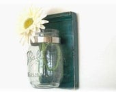 Spring Flowers Wood Wall Flower Jar Shelf  Teal Blue Green Color Mason  Jar