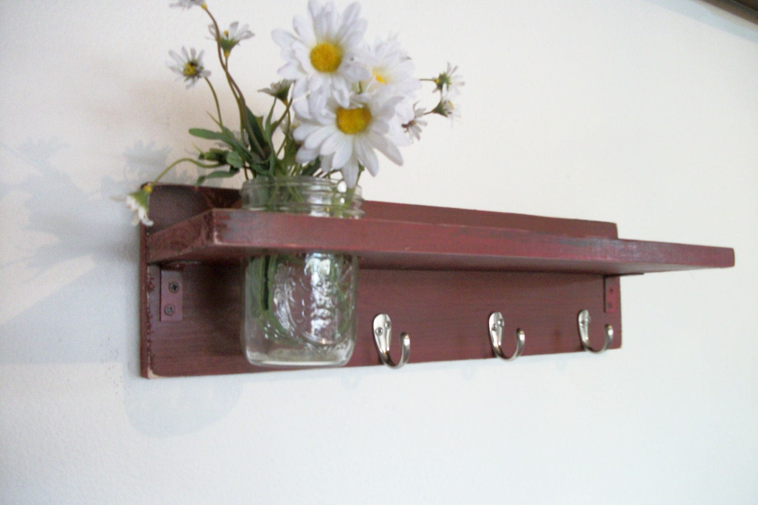 Primitive Country Black Cherry Red  WOOD 3 Coat Hooks Cottage Wall Shelf