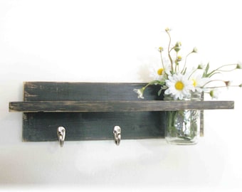 Primitive Country Flat Black  Wood Coat Hooks Cottage Wall Shelf