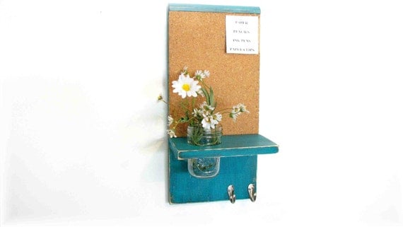 Wood  Cork Board Message  Center Hooks Dark Turquoise Color Shabby Chic