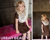 Retro Style Brown linen with vintage lace overlay bib... Layla dress..children clothing, girls dress