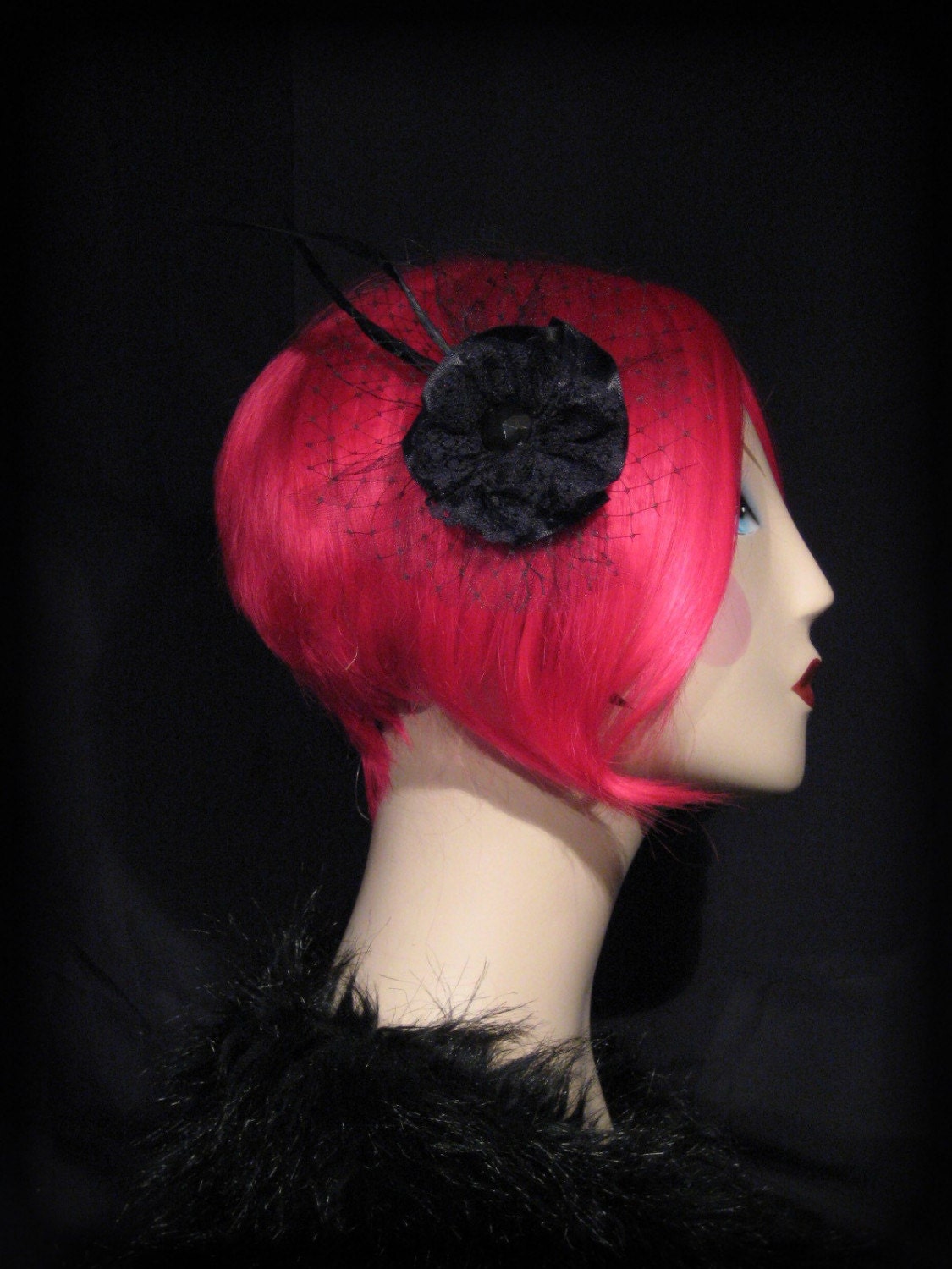 Gothic Burlesque Pin Up Black Satin Black Lace Hair Clip Fascinator