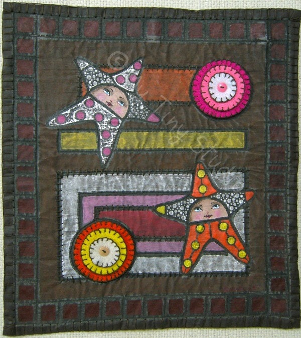 Stars Hand Painted Quilt Orange with Yellow polka dots Star And white with pink polka dots Star