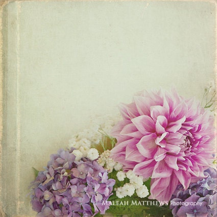 Dahlia Hydrangea Flower Bouquet Photo, shabby chic pink white lavender beige vintage inspired home decor, girl nursery wall art