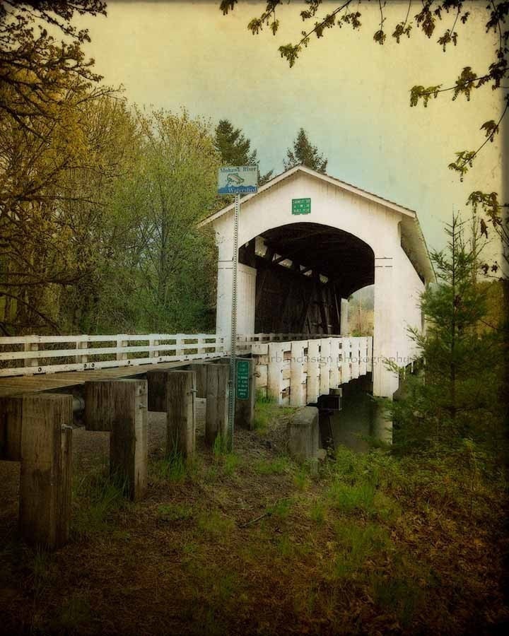 White Covered Bridge, Oregon Photography, old building photo, blue, yellow vintage inspired home decor print, wall art - 8x10