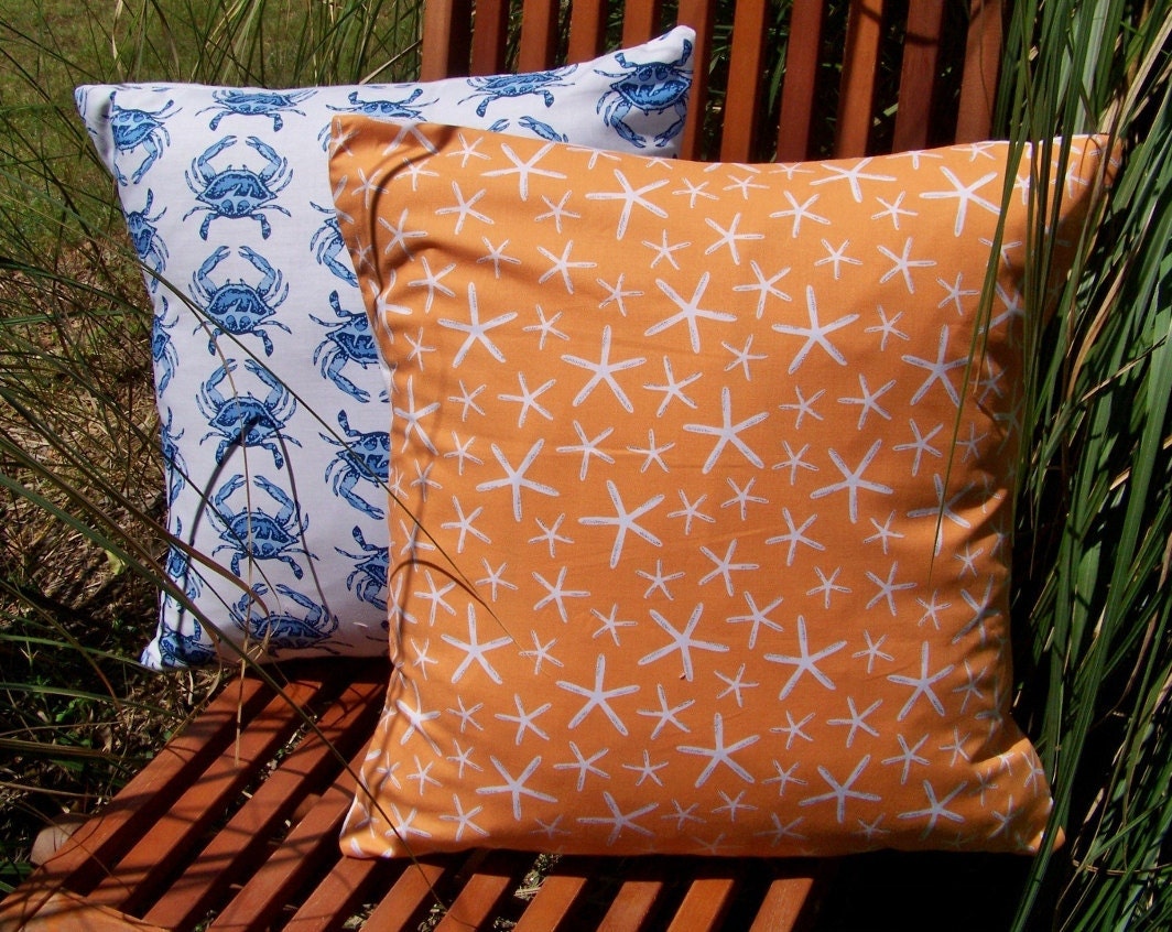 Two Ocean Beach Pillow Covers 16 x 16 Blue Crab Walk and  Sea Star Orange Going Coastal Ready to Ship