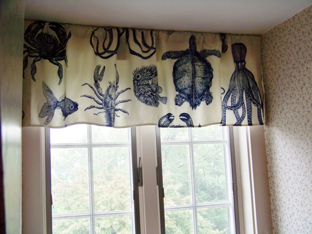 Beach Window Valance Sea Life Octopus Crab Lobster and Turtle made with OCEANIA by Thomas Paul Fabric in Indigo/Cobalt Blue and Cream