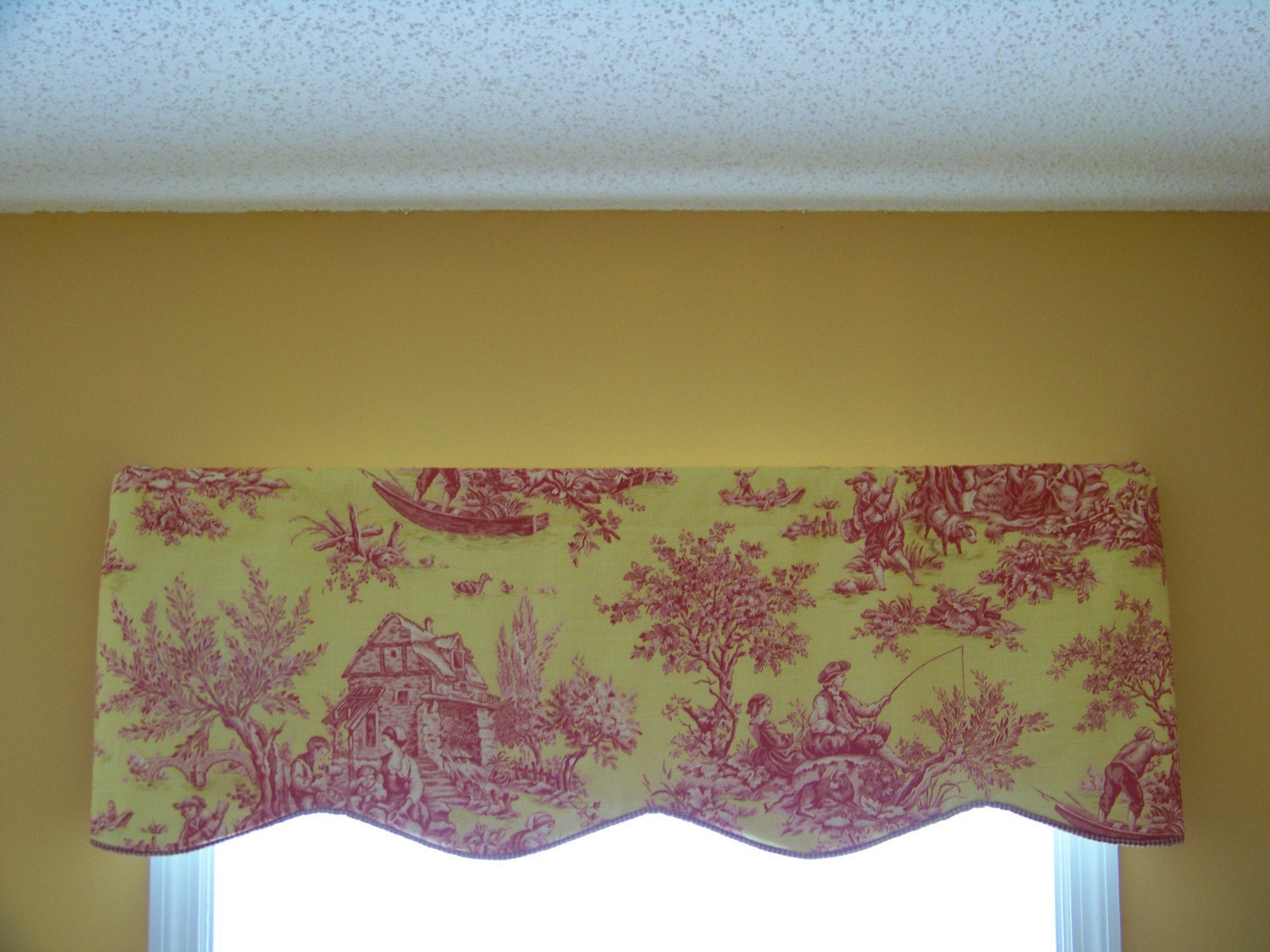 Custom Boutique Burgundy and Yellow Toile Window Valance Scalloped Hem
