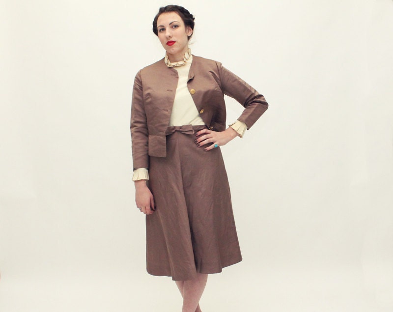 60s Dress Jacket Set - 2 piece Suit Set- Cream and Beige - Medium