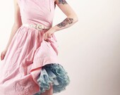 50s Dress - Pink Stripe Sundress with Floral Embroidery - Full Skirt - Small