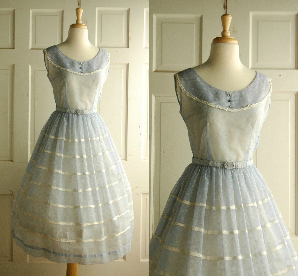 1950s Pale Blue Dress / Vintage Sheer Summer Day Dress