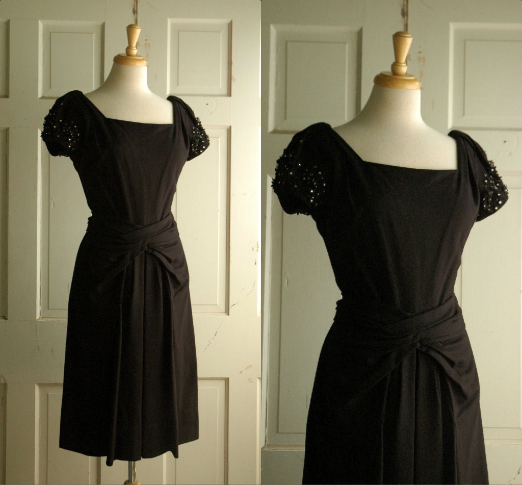 1960s Cocktail Dress / Vintage Black Wool Dress