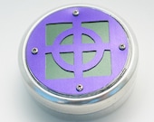 Metal Pillbox / Tin / Container with Anodized Aluminum Design - Purple Deco Square & Circle