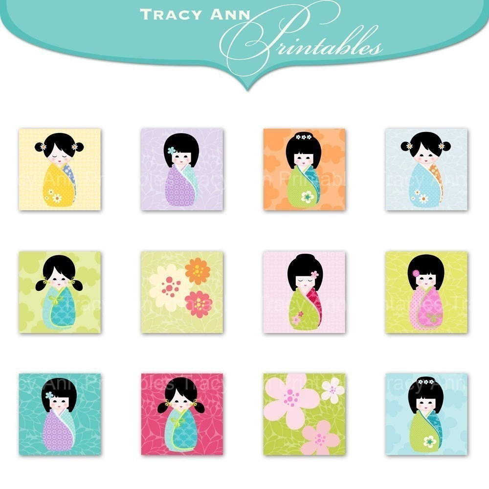 Printable 1 inch Digital Squares Collage Sheet Kokeshi Dolls