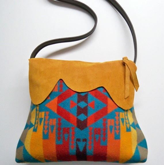 Pendleton Wool Purse Shoulder Bag Deerhide Suede Leather Trim