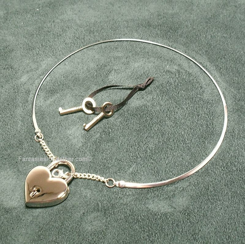 Silver Discreet Neckwire BDSM Slave Collar LARGE- Heart Lock (COL 136)