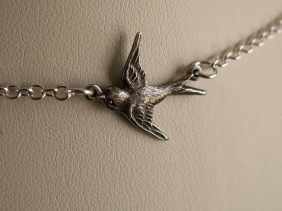 Vol Joyeux... Dainty antique silver sparrow necklace.