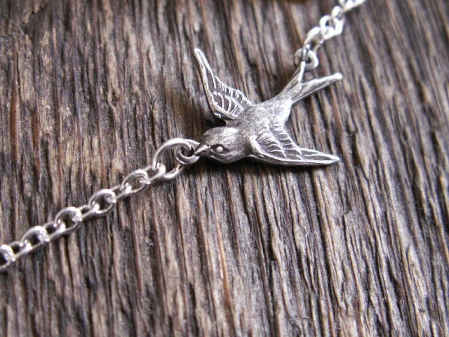 Vol Joyeux... Dainty antique silver sparrow necklace.