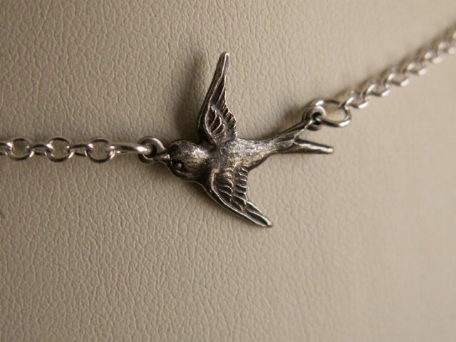 Vol Joyeux... Dainty antique silver sparrow necklace.