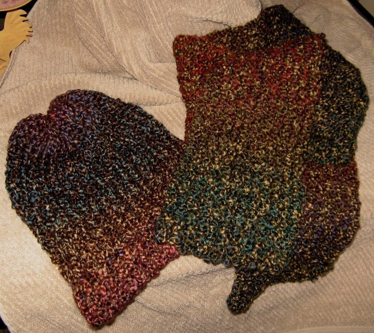 Loom Knit Hat And Scarf Set - Prairie Earthy Reds Blues Greens Golds
