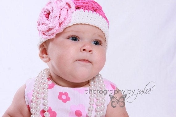 Crochet Hat  Hot Pink with Pastel Pink flower Cotton