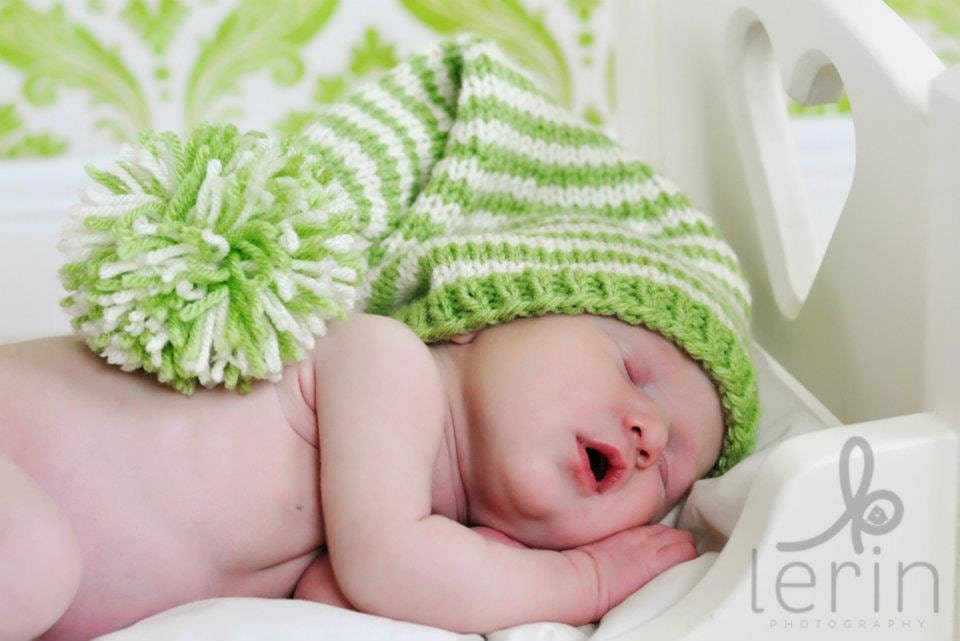 Stocking Hat with a big pompom Knitted Ivory and sage stripes Newborn to 24 months sizes Adorable photography prop