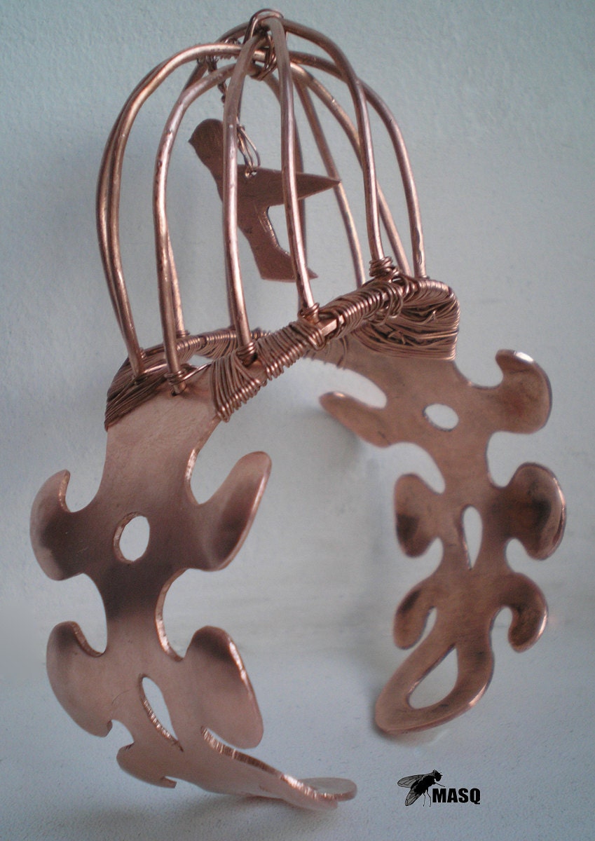 SALE MASQ Bird trapped in a broken cage cuff. Steampunk, victorian, art nouveau. Handmade from copper.