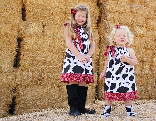 Pillowcase Dress COW and BANDANA Red Black Farm Cowgirl Western baby toddler girl by Little Sweetie Boutique