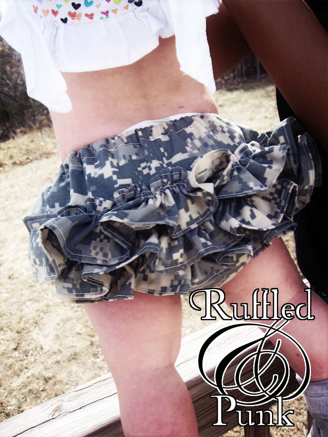 Ruffled Diaper Cover, Ruffle Bloomers, ACU Army Military Hooah Hunter Camo, Childrens Clothing sizes 0 - 24 months