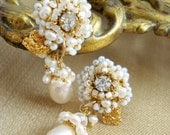 Pearl Crystal Wedding Earrings / Gold Filled Studs / Dainty Floral Lace / Vintage Rhinestones / "Thalie"