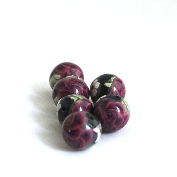 Polymer Clay Beads, Round Beads, Red Red Roses on Black Bead Made to Order