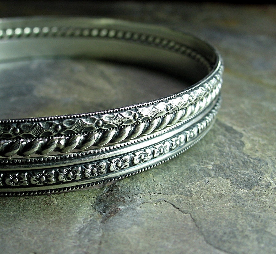 Bangle Bracelet Set sterling silver pattern wire stacking - English Garden