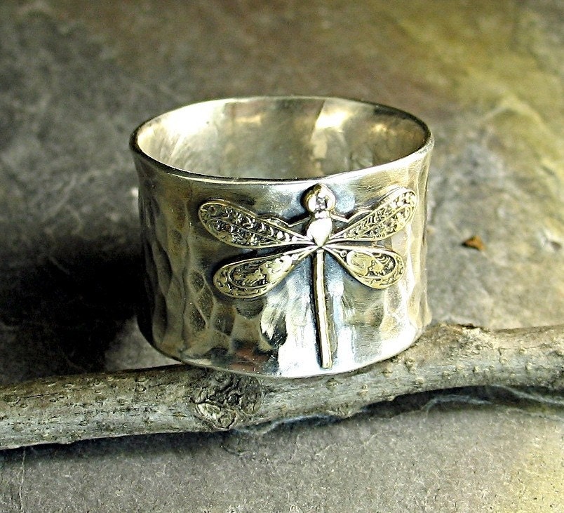 Sterling Silver Dragonfly Ring Wide Band Nature Jewelry art noveau brass insect  - Enchanted Dragonfly