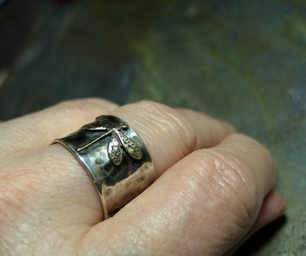 Sterling Silver Dragonfly Ring Wide Band Nature Jewelry art noveau brass insect  - Enchanted Dragonfly