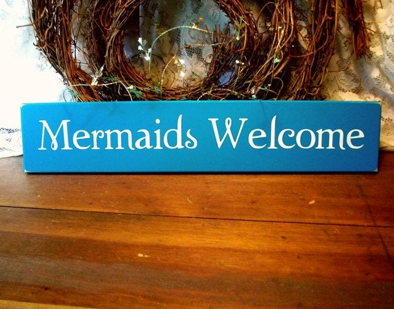 Mermaids Welcome Beach Cottage Wood Sign Turquoise