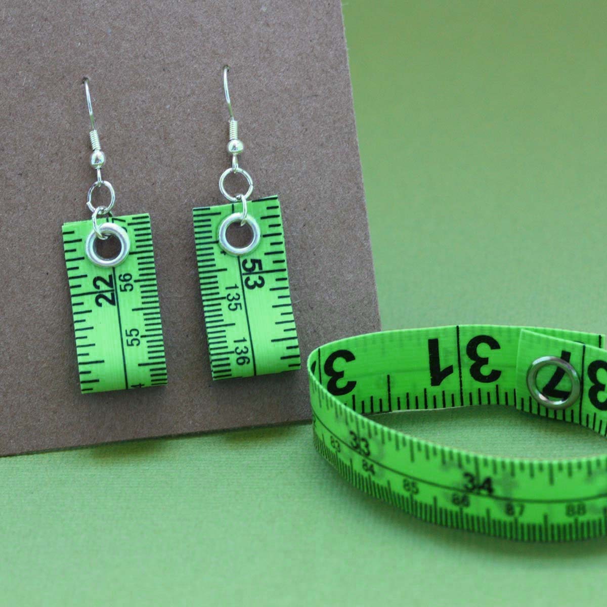 Tape Measure Jewelry Set in Lime Green - Earrings and Bracelet