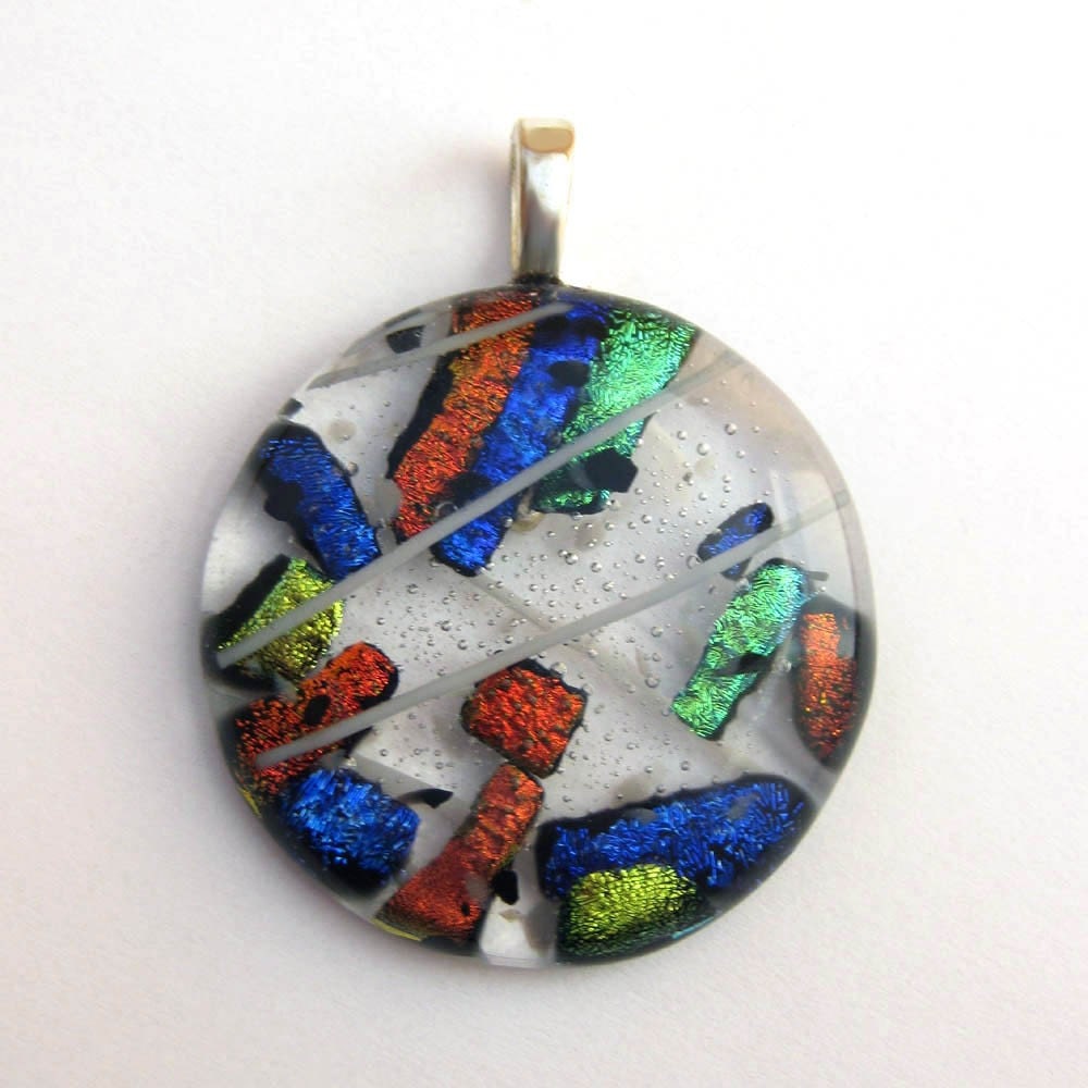 Festival - Dichroic Fused Glass Pendant Slide, Transparent Glass with Blue, Orange, Yellow, & Green Dichroic -2743