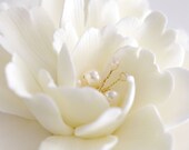 Made to Order - CLAYCRAFT by DECO Whitish Ivory Peony Hair Flower with Handwired Pearls, Seed Beads and Feathers