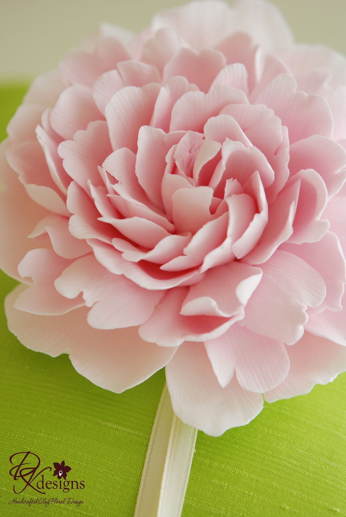 Couture Clay - Pink Frilly Clay Peony on Green Silk Dupioni Ring Pillow with Ivory Satin Ribbons - Ready to Ship