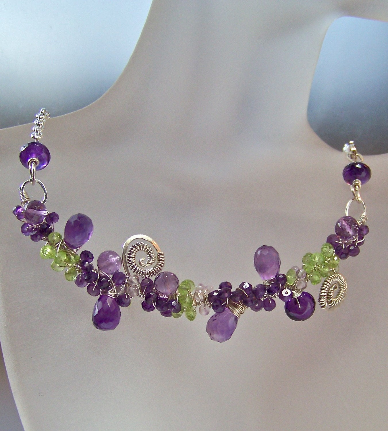 Amethyst Peridot Gemstones & Solid Sterling Silver Necklace