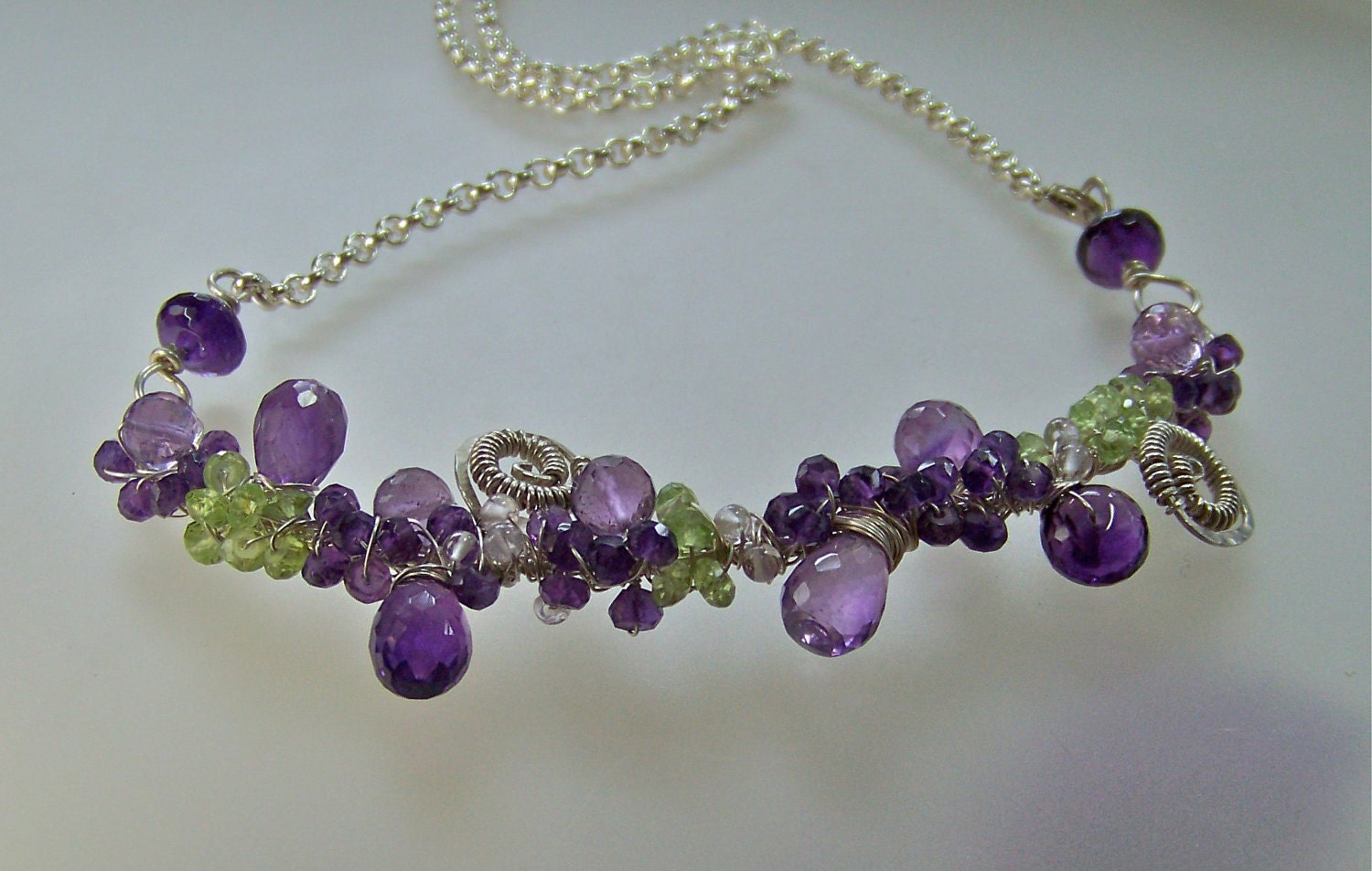 Amethyst Peridot Gemstones & Solid Sterling Silver Necklace