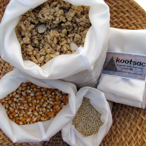 Reusable eco bags - bulk bin food - natural biodegradable silk - set of three