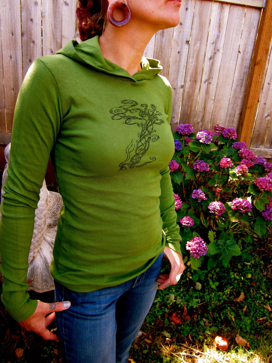 Moss Green WaterLily Womens Hoodie Double Sided Small Only