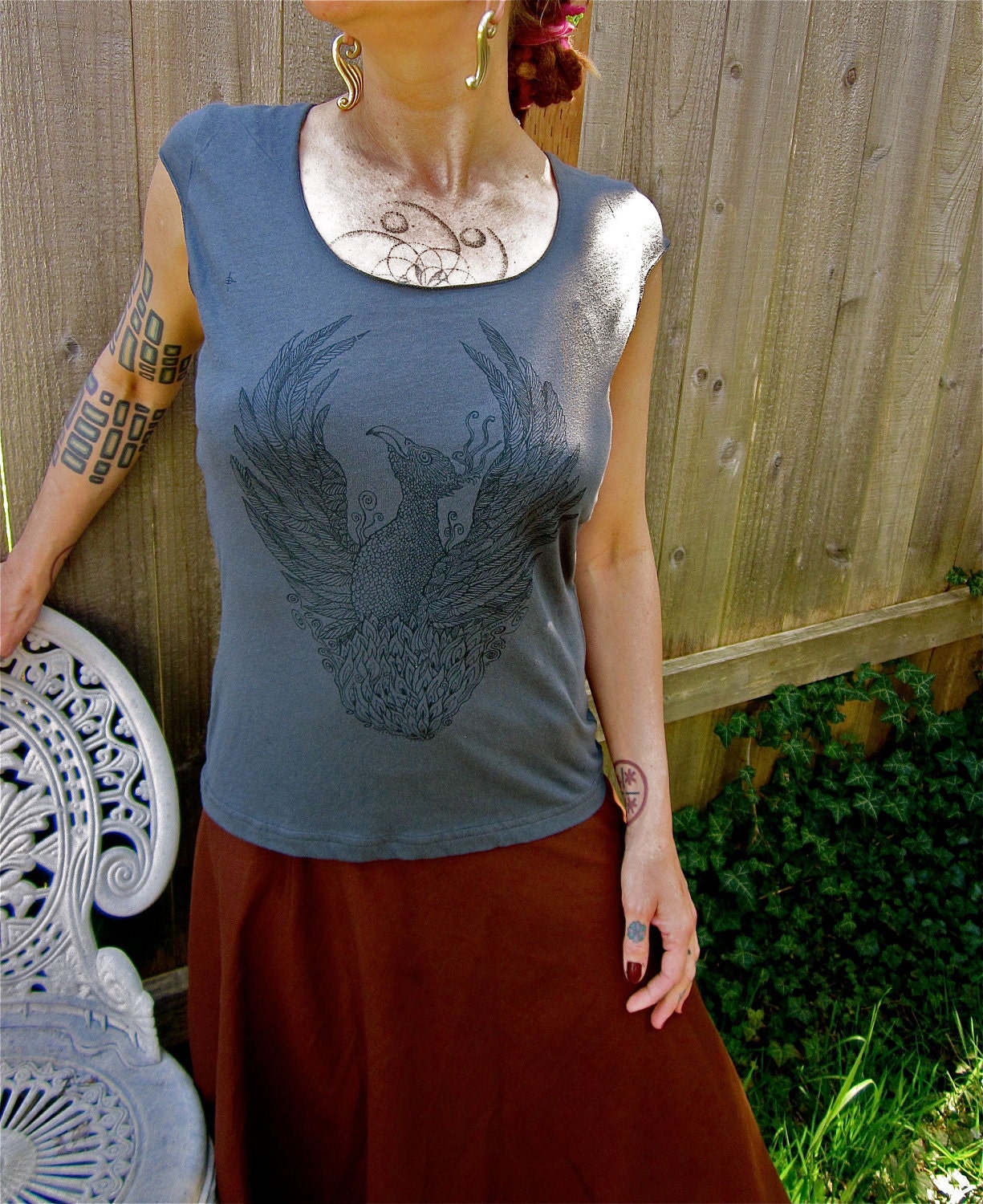 Phoenix Bird Grey Womens Capsleeve Tshirt S M L XL