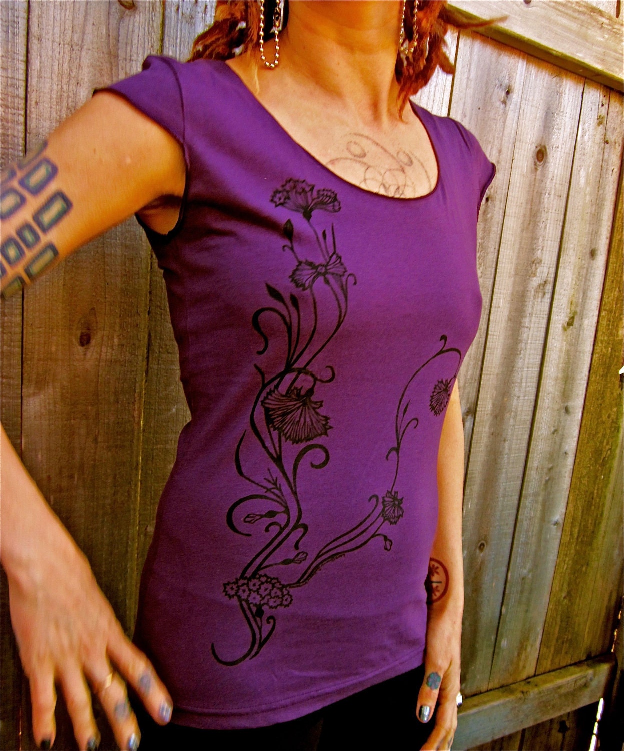 Eggplant Purple Capsleeve Celtic Flower Boatneck T-Shirt Sm M L XL