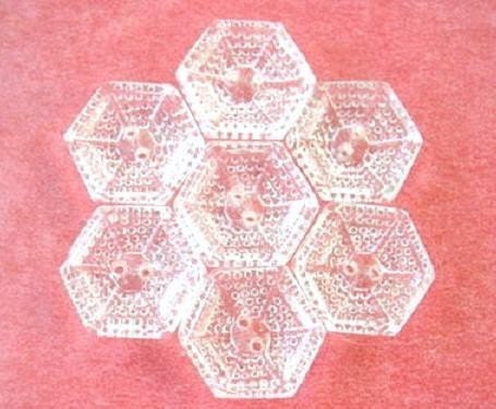6 Vintage glass buttons,can be use as a bead, geometric unique shape with dots ornament, transparent