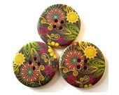 6 Wood buttons,butterfly and flowers ornament, 30mm